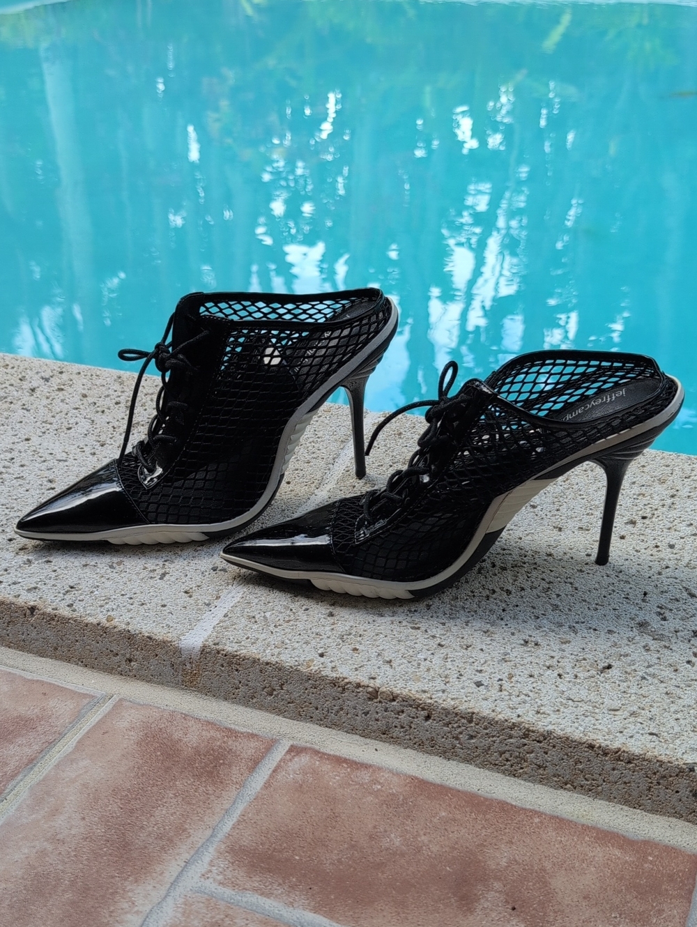 Jeffrey Campbell, Referee, Black Mesh Lace-Up Mule Heels, Size 9.5